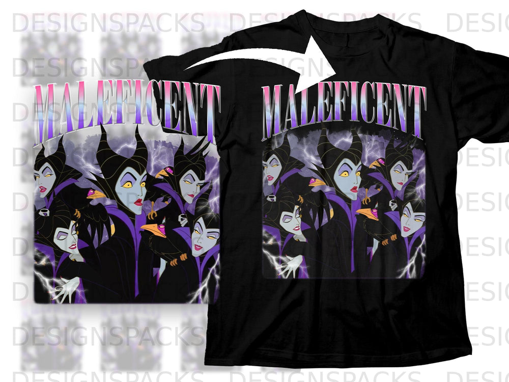 Black t-shirt featuring multiple Maleficent characters and lightning with "MALEFICENT" text.