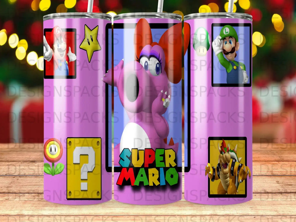 Super Mario characters and icons on a purple tumbler with repeating "DESIGNSPACE" watermark.