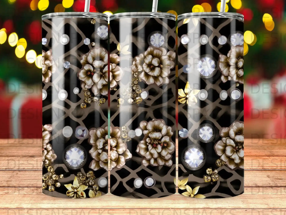 Floral and diamond pattern tumbler with giraffe print background.