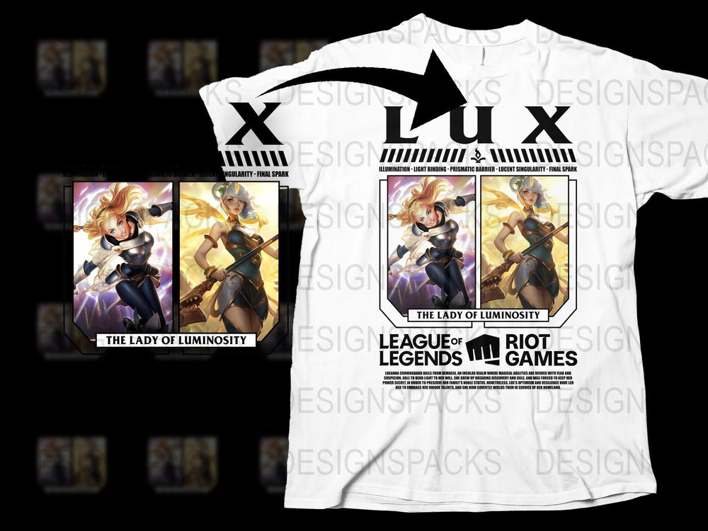League of Legends Lux Champion Graphic T-Shirt, Gaming Apparel, Unisex White Tee with Character Print
