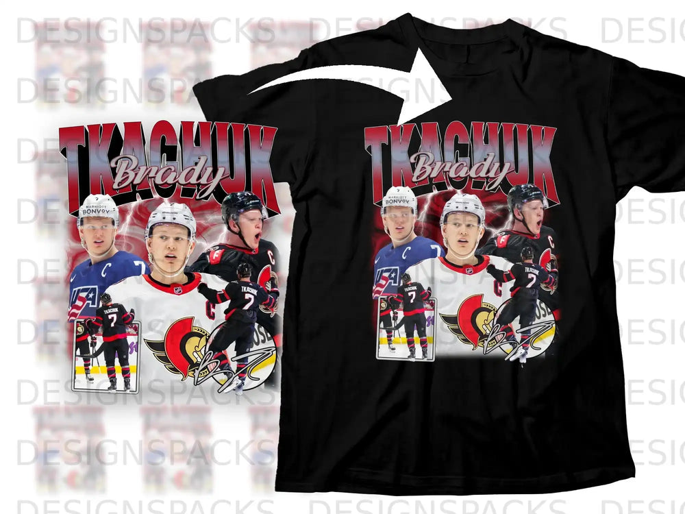 Tkachuk and Brady graphic on black t-shirt with hockey player imagery.