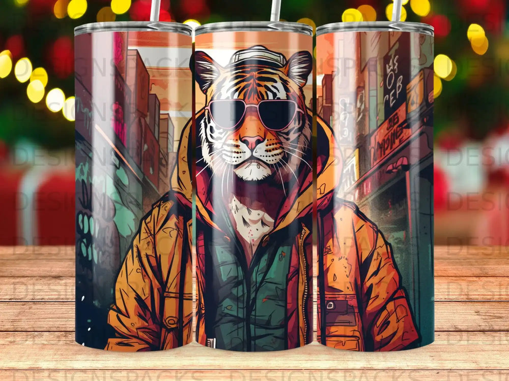 Tiger wearing sunglasses and jacket, illustrated on a tumbler.