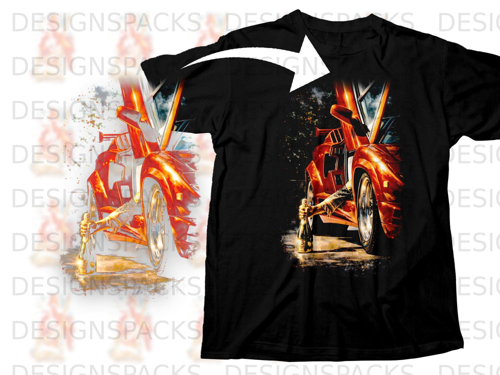 Black t-shirt with a graphic of a person holding a bottle next to a red sports car.