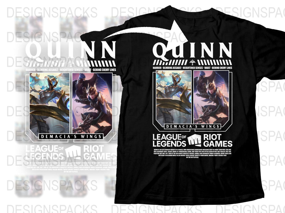 League of Legends Quinn T-Shirt, Demacia's Wings Graphic Tee, Riot Games Merch, Unisex Black Cotton Shirt