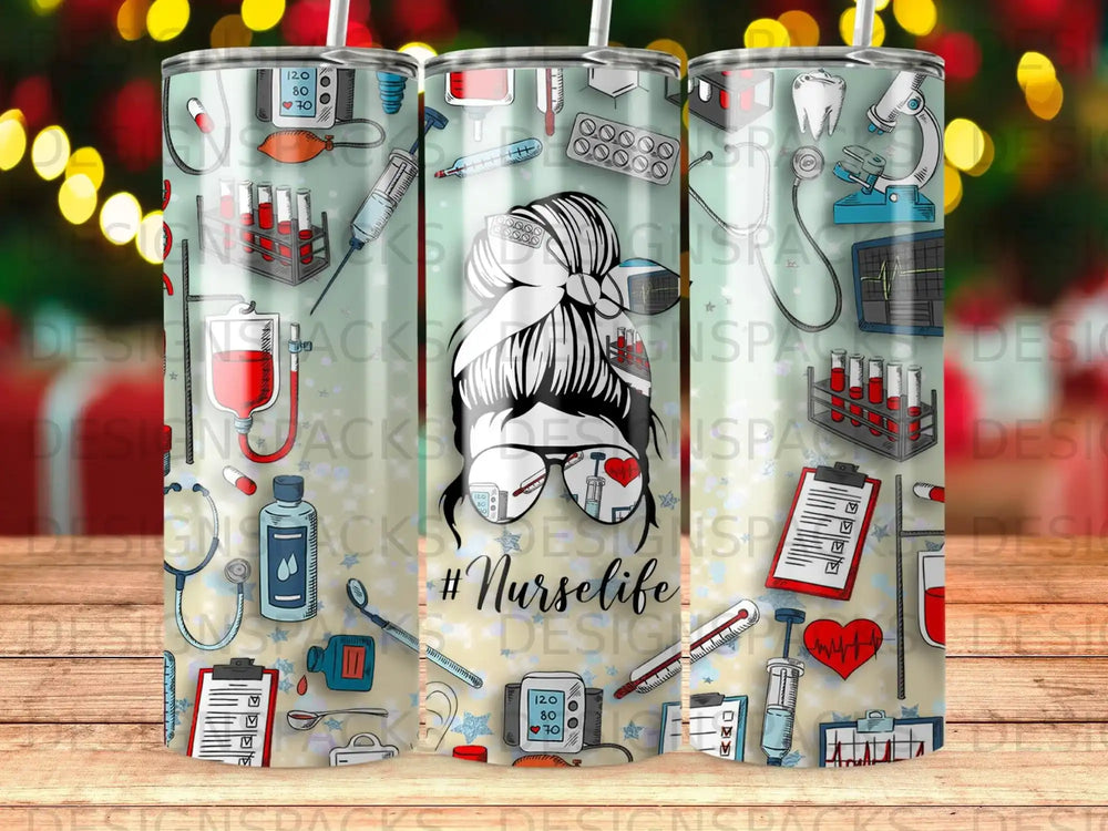 Tumbler with #Nurselife design featuring medical icons and a messy bun.