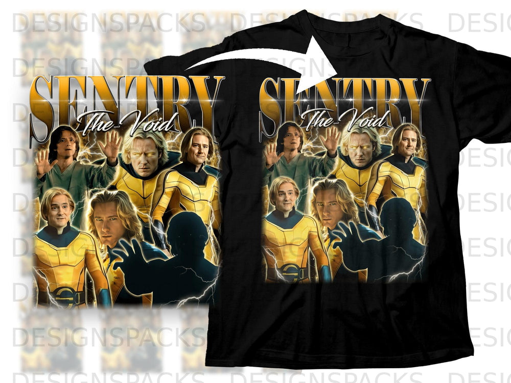 Black t-shirt graphic featuring "Sentry The Void" with comic characters.