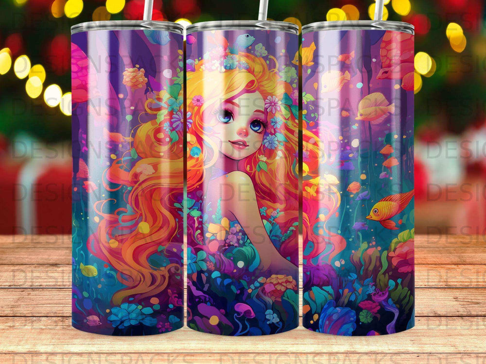 Illustration of a woman with flowing colorful hair surrounded by vibrant underwater plants and fish.