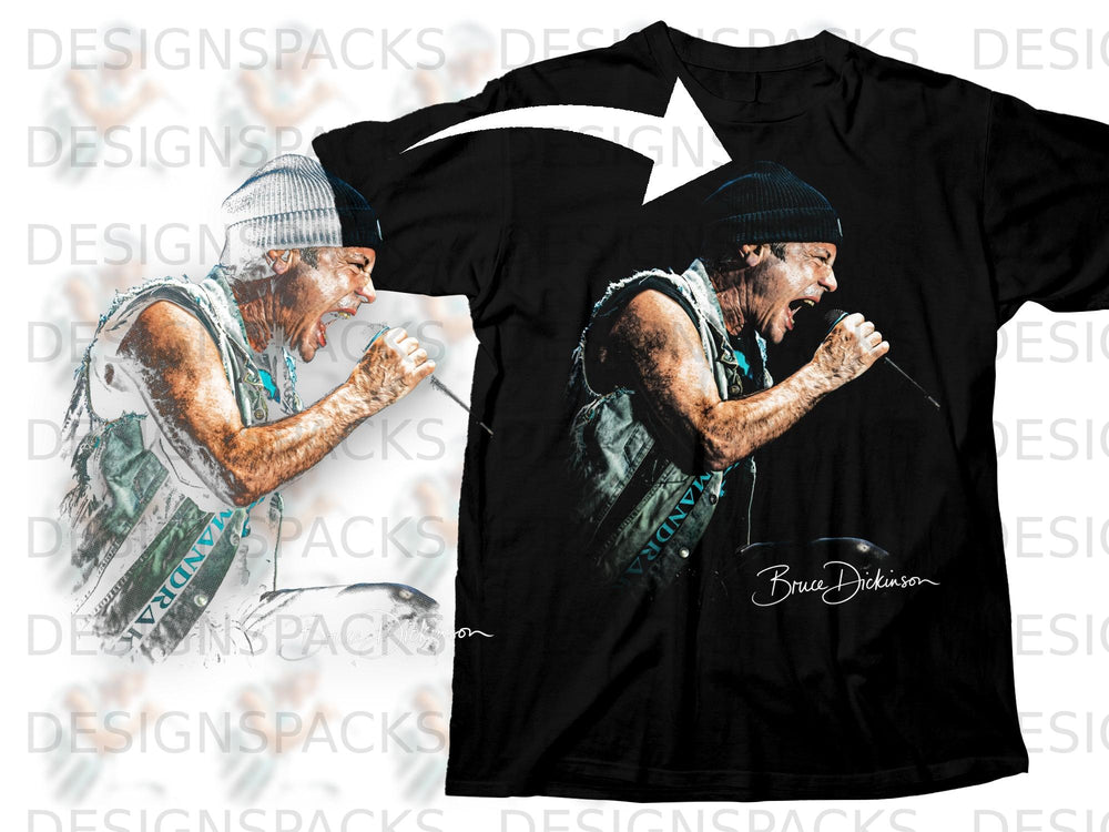 Black t-shirt featuring Bruce Dickinson graphic and signature.