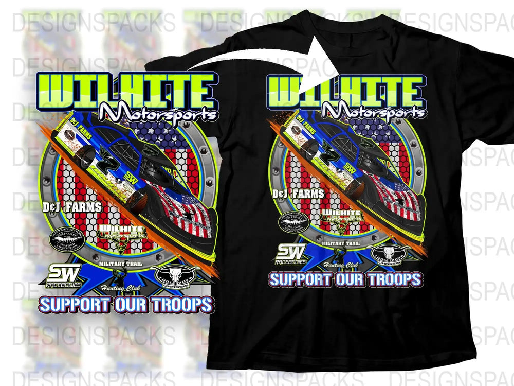 Patriotic Racing T-Shirt, Support Our Troops, White Motorsports Graphic Tee, Checkered Flag Design, Car Racing Enthusiast Gift