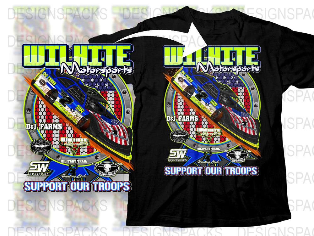Patriotic Racing T-Shirt, Support Our Troops, White Motorsports Graphic Tee, Checkered Flag Design, Car Racing Enthusiast Gift