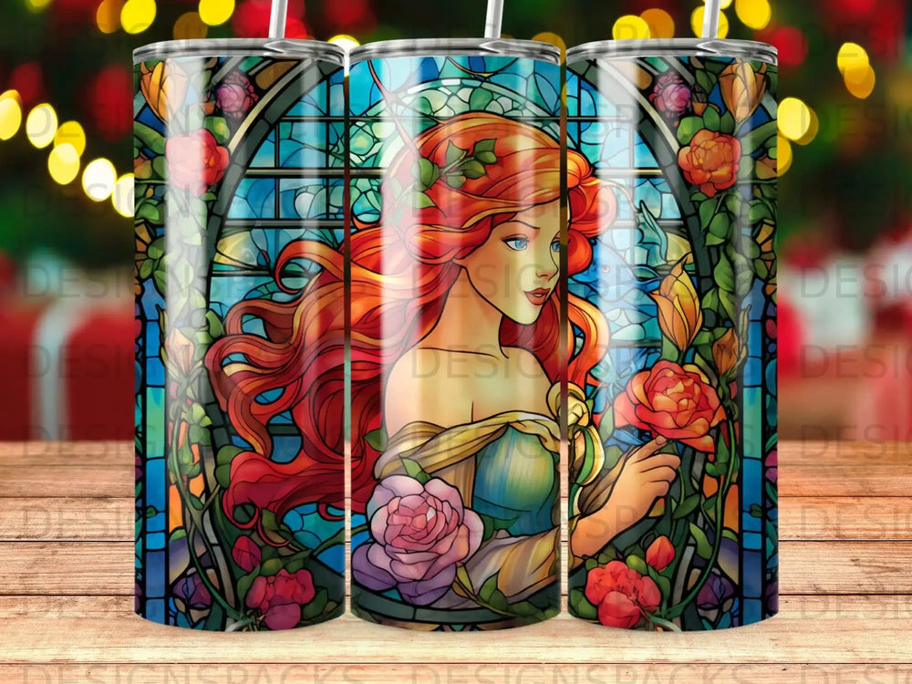Stained glass design featuring a woman with flowing red hair and roses.