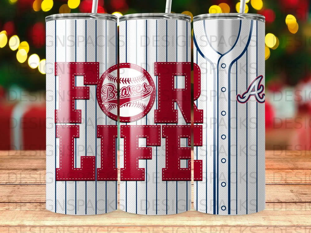 Atlanta Braves "For Life" tumbler with pinstripe design.
