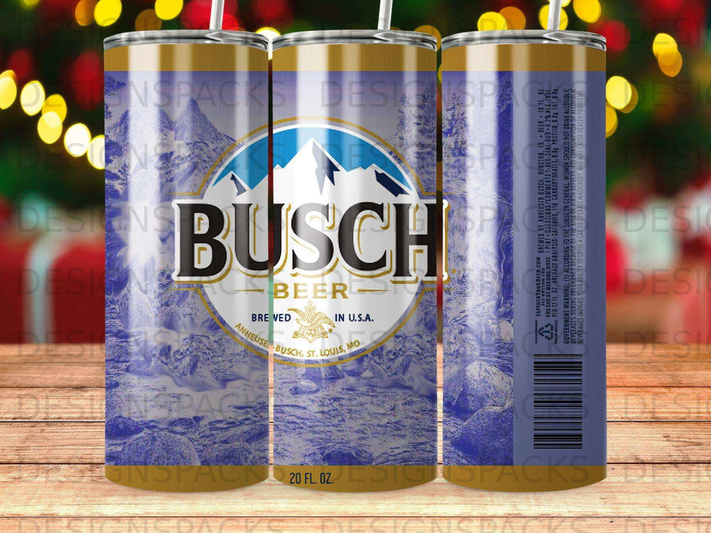 Busch beer tumbler with mountains and "Busch Beer" logo.