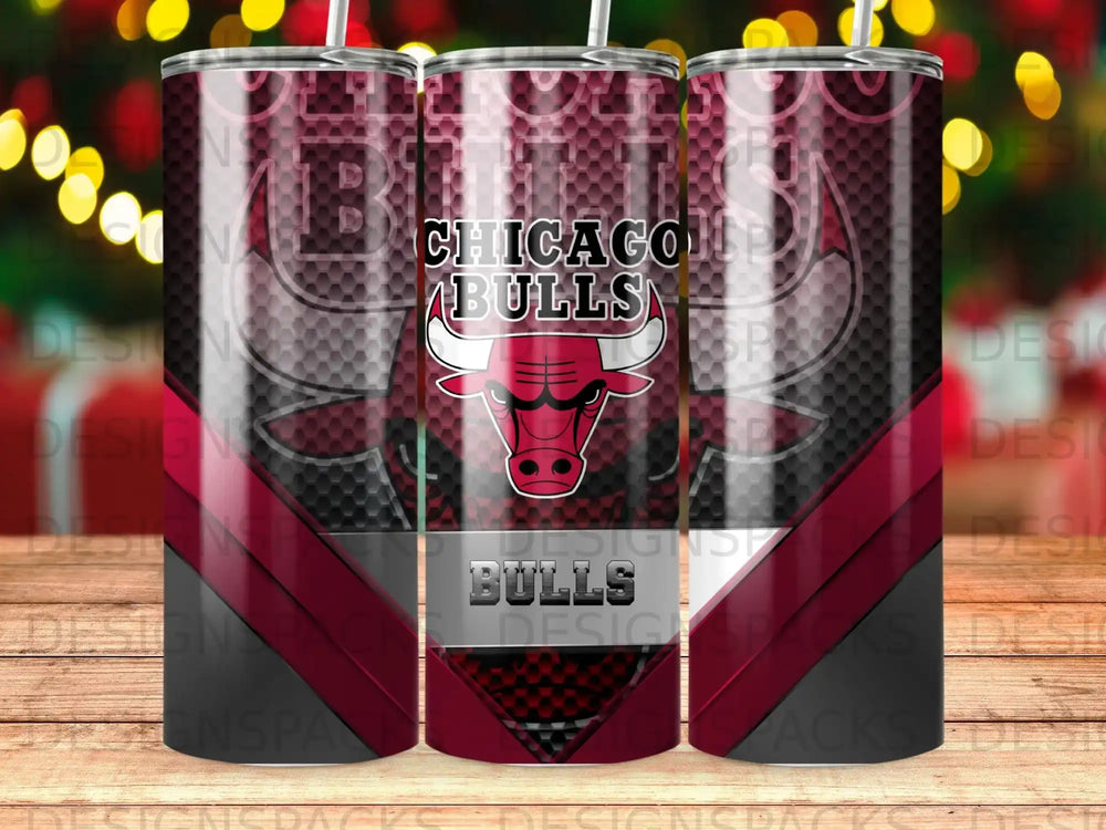 Chicago Bulls logo on a textured tumbler, featuring the team name and bull graphic.