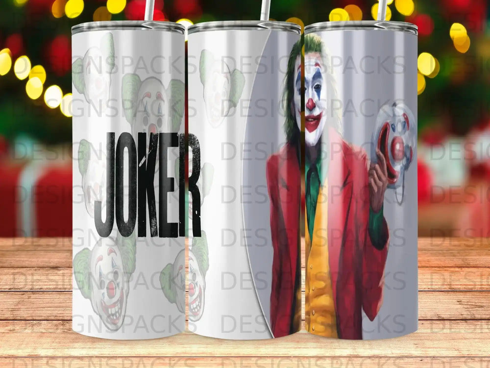 Joker character on a tumbler, with "JOKER" text.