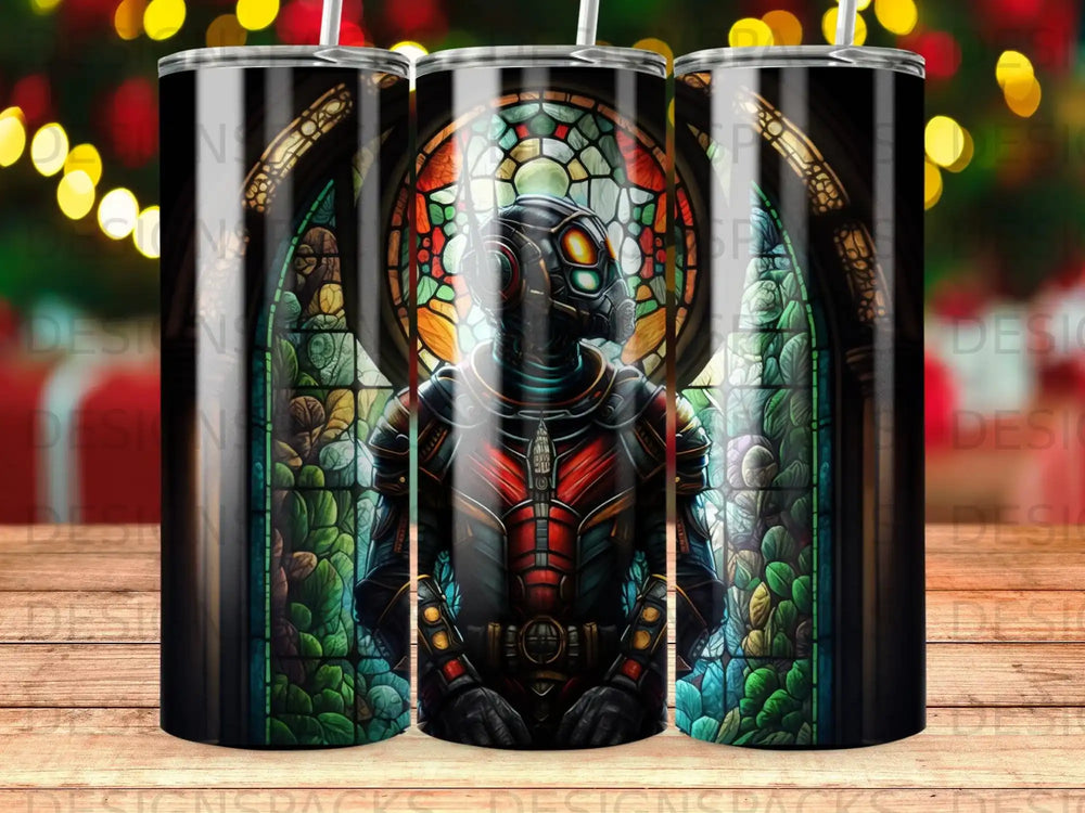 Stained glass window behind a dark armored superhero.