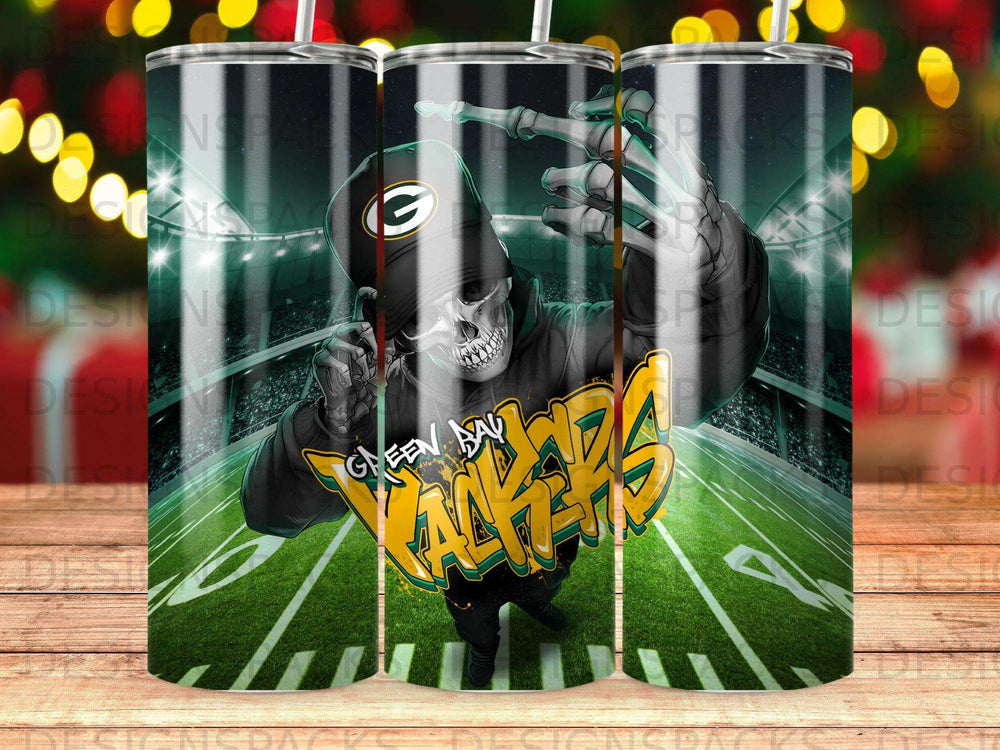 Green Bay Packers skeleton with jersey and football field background.