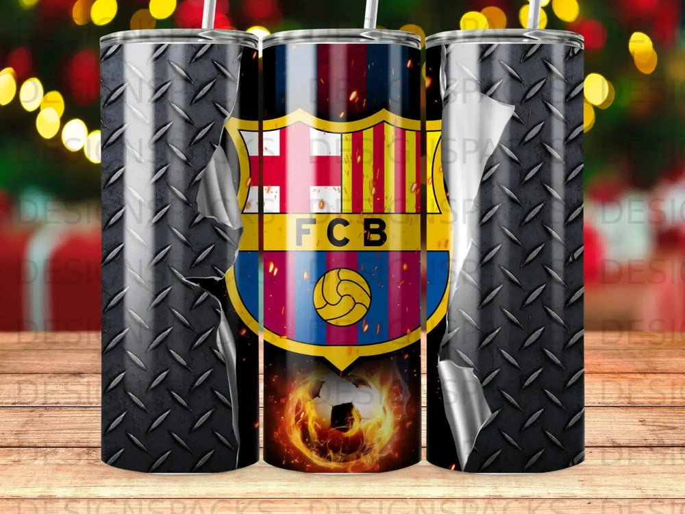 FC Barcelona crest with fire on a diamond plate background.