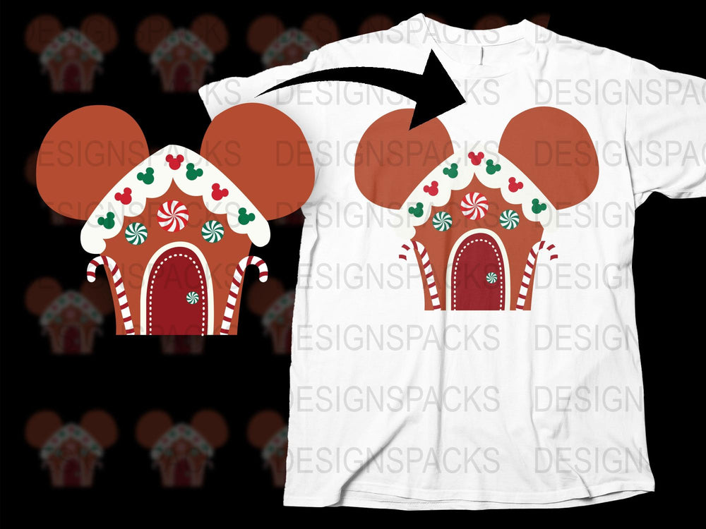 Holiday Gingerbread House T-Shirt, Festive Christmas Candy Design, Unisex White Tee with Red Accents