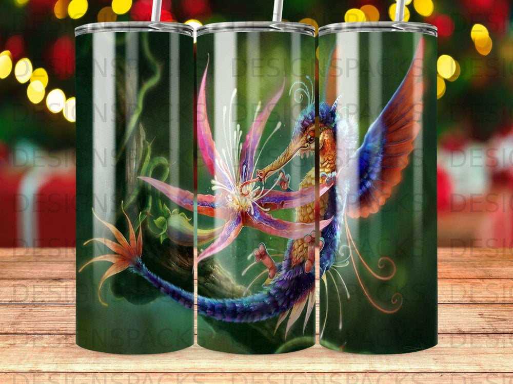 Fantasy seahorse with floral headdress and glowing wings.