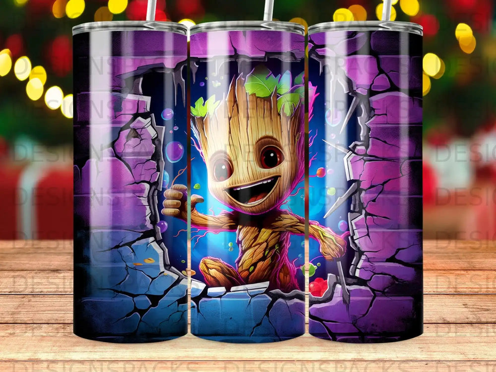Baby Groot breaking through a purple, cracked wall.