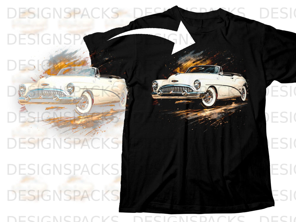 Black t-shirt with a graphic of a white vintage convertible car with fiery accents.
