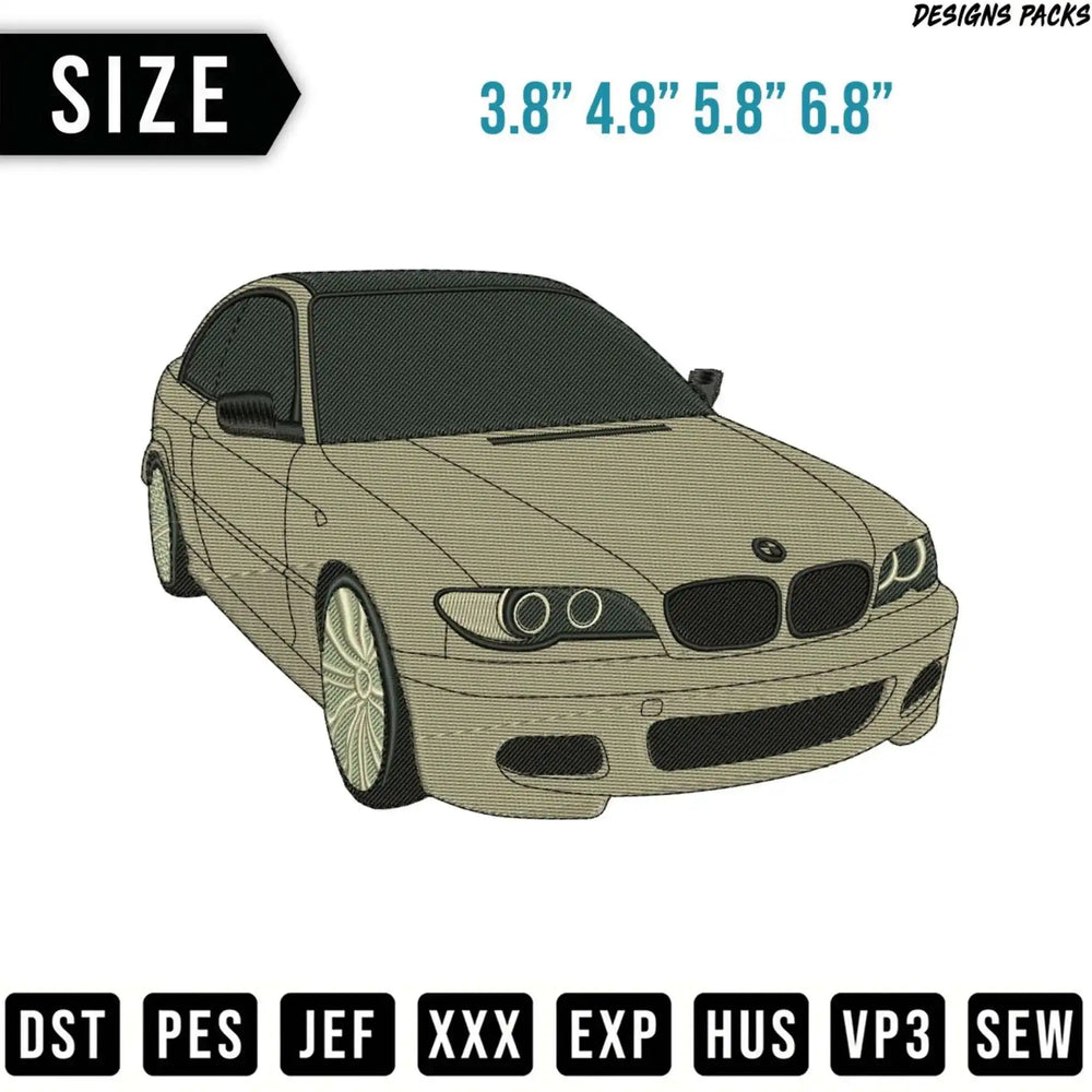 Embroidery design of a beige BMW car with size and file format options.