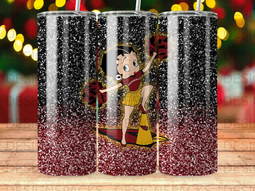 Betty Boop in a cheerleader outfit with pom-poms on a glittery tumbler.