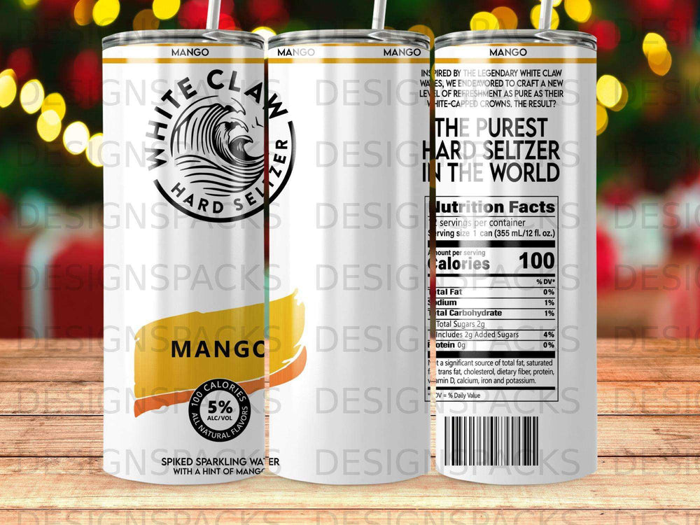 Mango White Claw hard seltzer can with nutrition facts label.