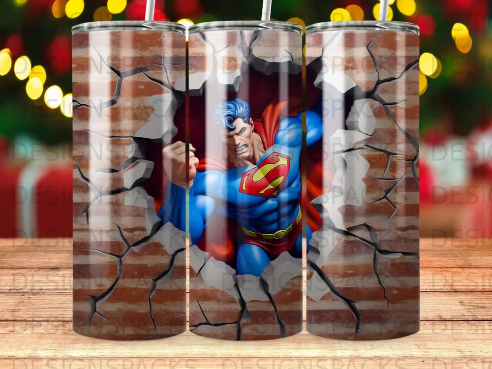 Superman breaking through a cracked brick wall.