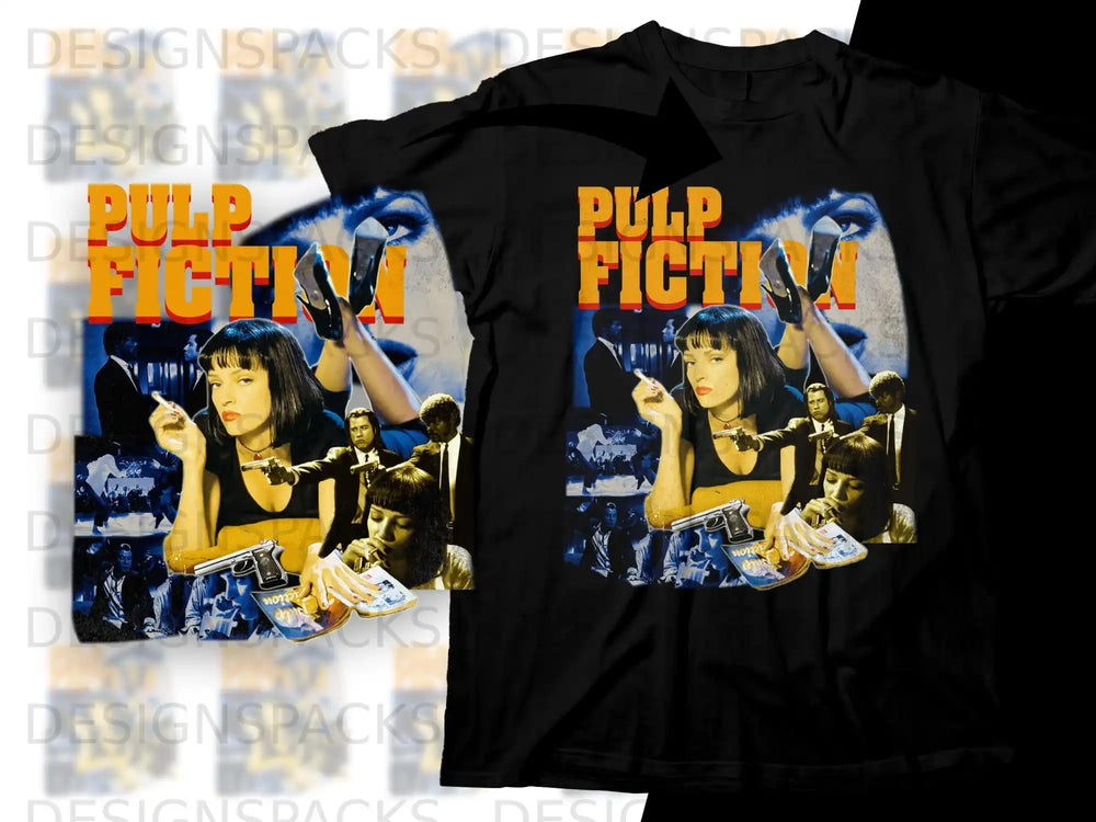 Pulp Fiction t-shirt design featuring Uma Thurman, handgun, and movie title.
