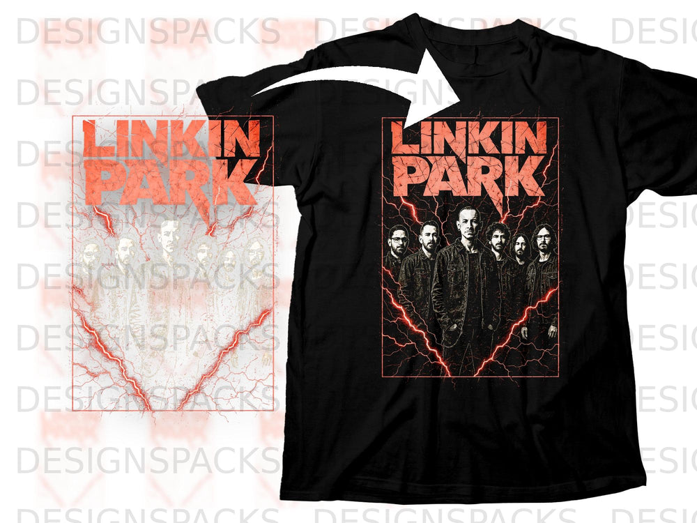 Black t-shirt with Linkin Park band members and lightning bolt graphic.