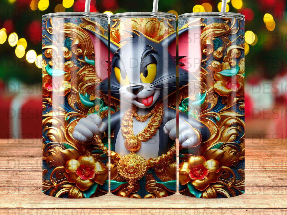 Tom the cat wearing gold chains and ornate jewelry, against a patterned background.