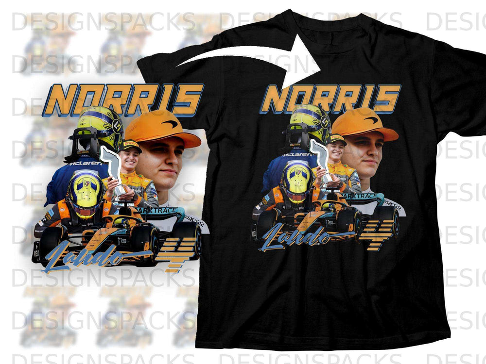 Black t-shirt with Lando Norris and Oscar Piastri graphics, "Norris" text.