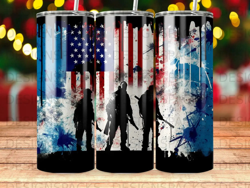 Three silhouettes of soldiers against an American flag with blue paint splatters.