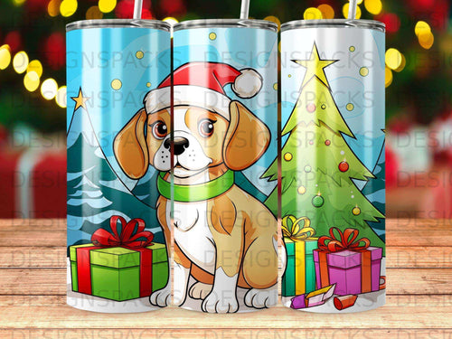 Beagle dog in Santa hat with Christmas gifts, surrounded by snowy trees.