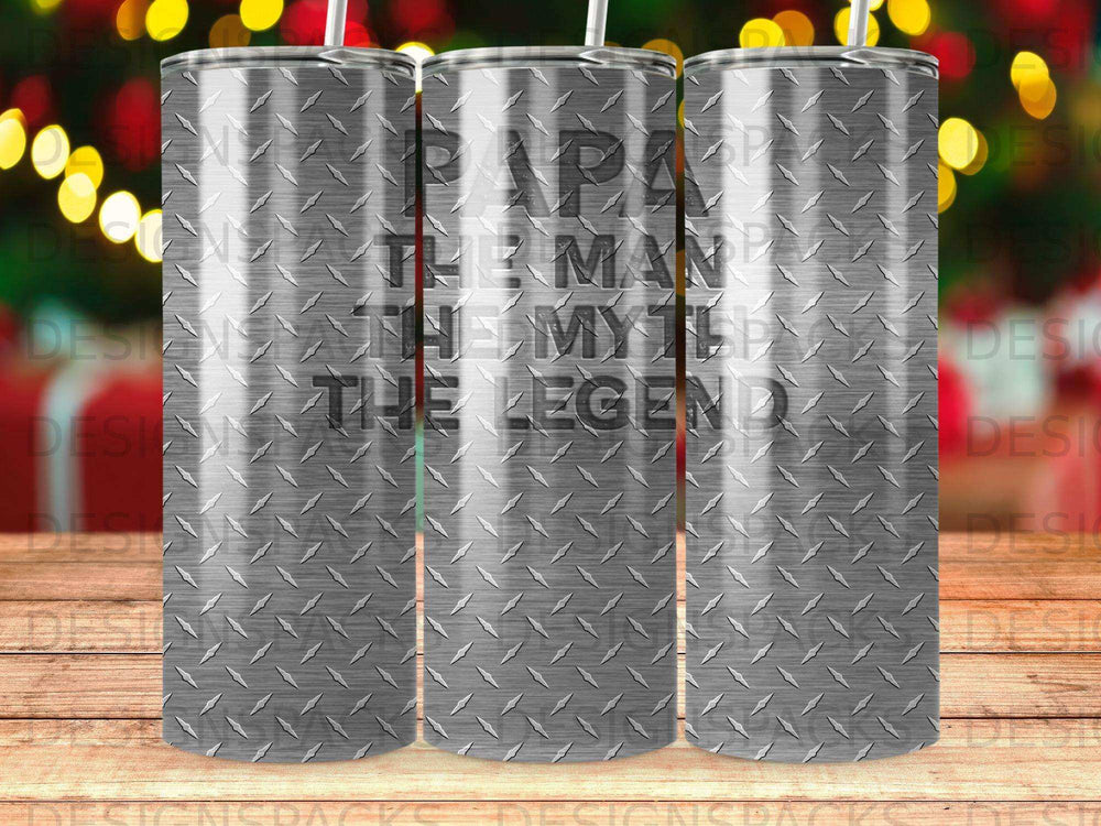 Metal tumbler with "Papa The Man The Myth The Legend" text.