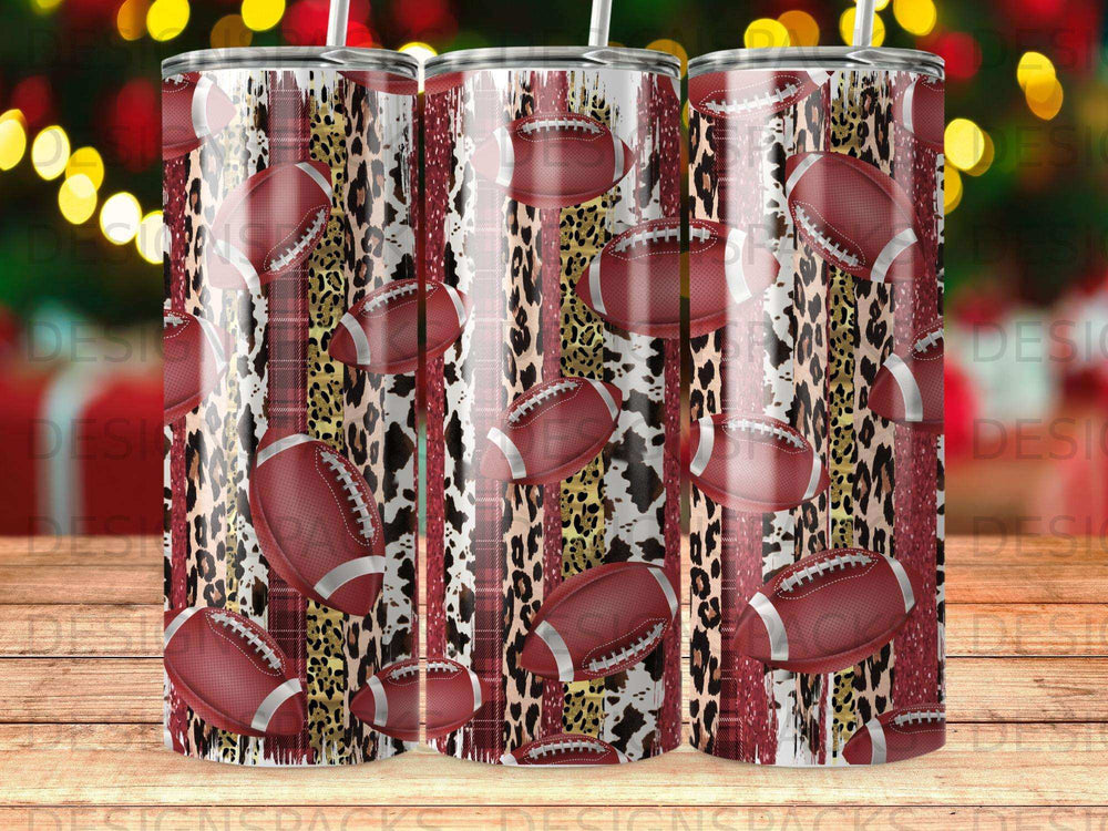 Tumbler with footballs, leopard print, and plaid pattern.
