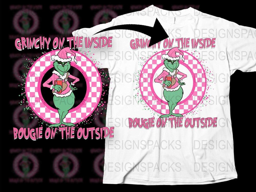 Grinchy on the Inside Bougie on the Outside T-Shirt, Pink and White Tee, Unique Whimsical Holiday Shirt Design