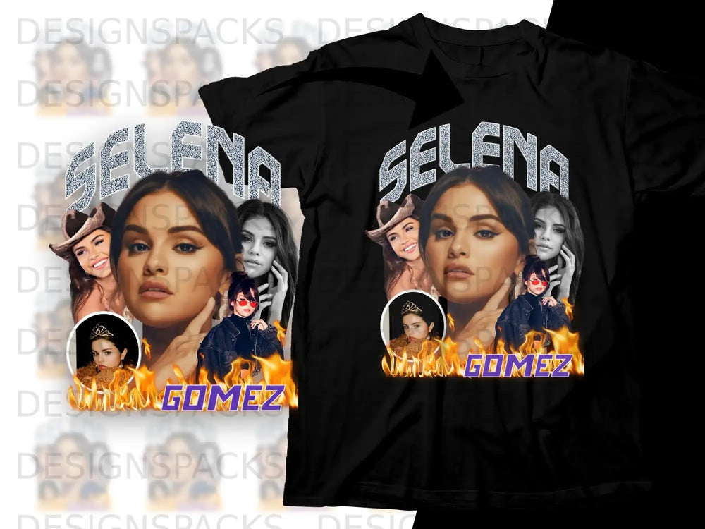 Selena Gomez graphic t-shirt with fire and collage of images.