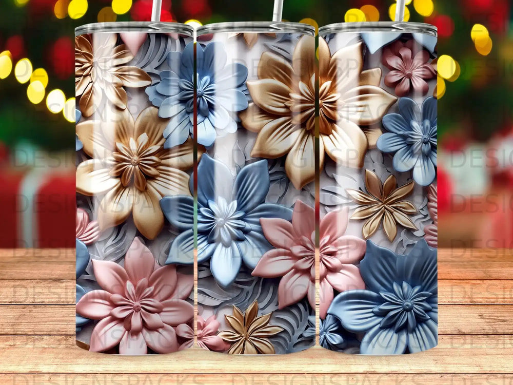 Floral pattern tumbler with muted pink, blue, and gold flowers.