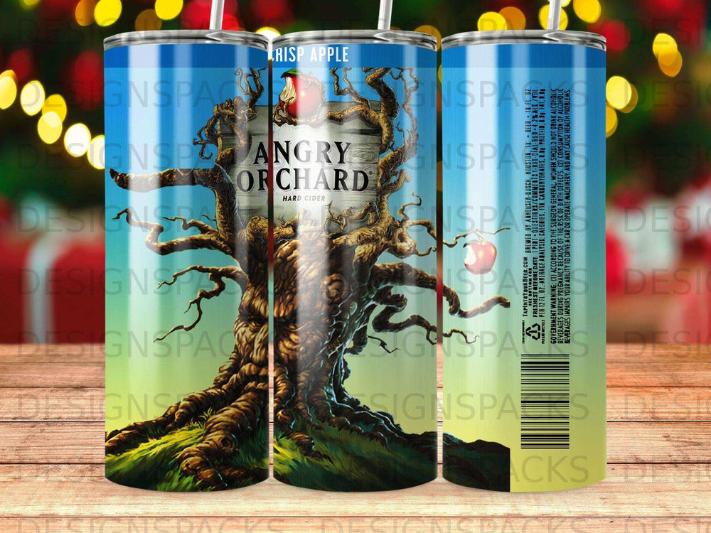 Angry Orchard Crisp Apple hard cider can with tree illustration and government warning.