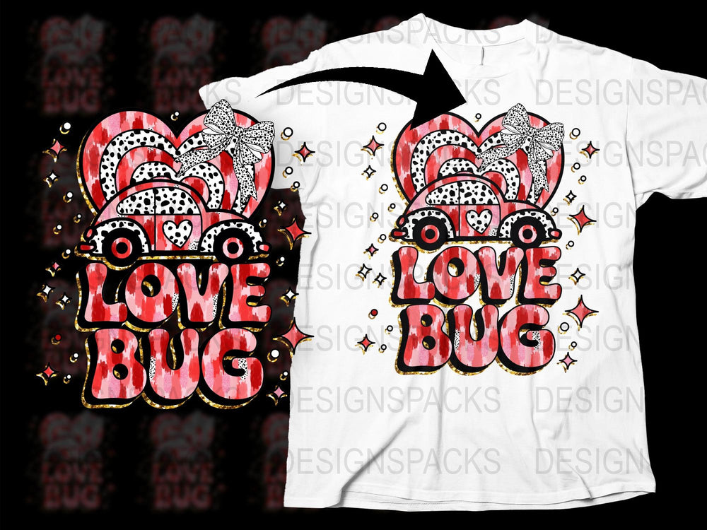 Love Bug T-Shirt Red Hearts and Stars Valentine's Day Beetle Car Graphic Tee