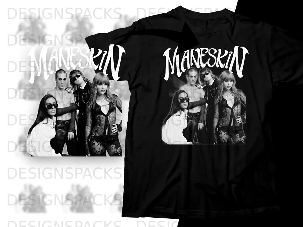 Black t-shirt featuring a band photo of Måneskin members.