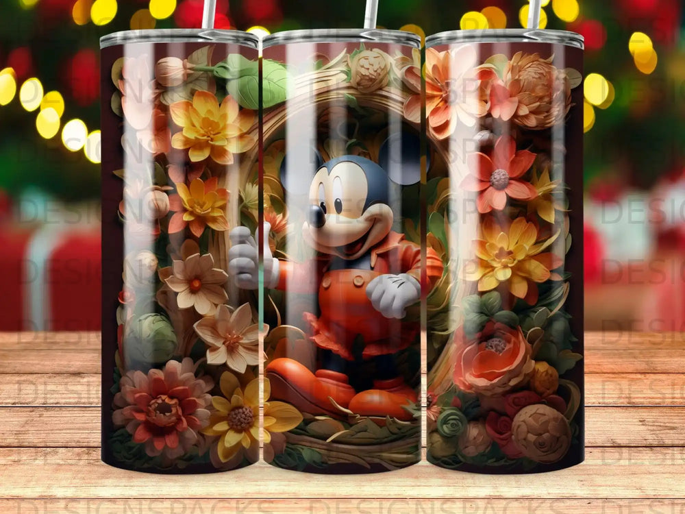 Mickey Mouse in colorful floral frame on patterned tumbler.