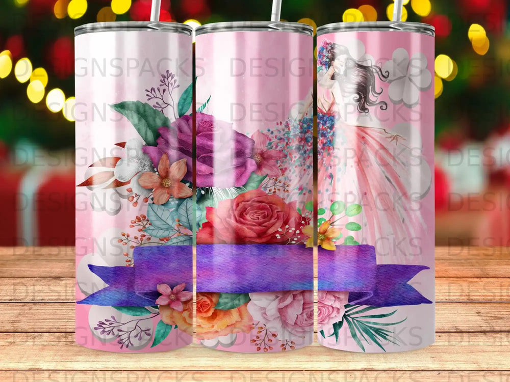 Floral design tumbler with a woman in a pink dress and purple ribbon.