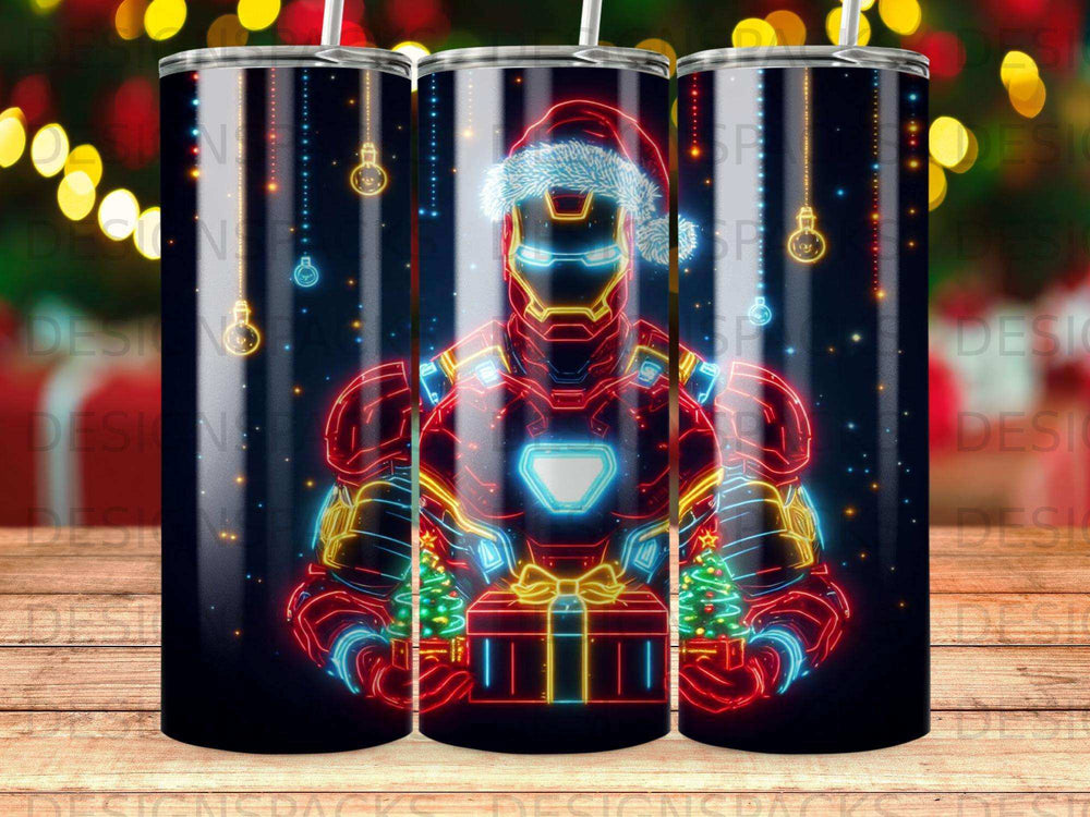 Iron Man in Santa hat holding gift and Christmas tree, glowing neon.