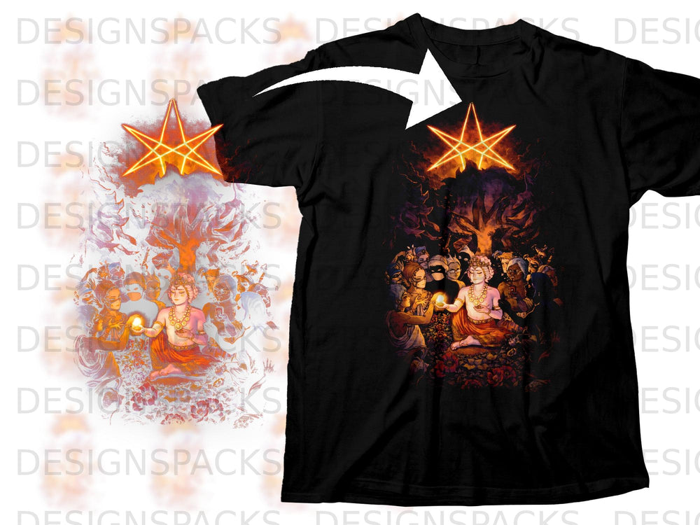 Black t-shirt featuring a vibrant design of a seated figure surrounded by people and a star emblem.