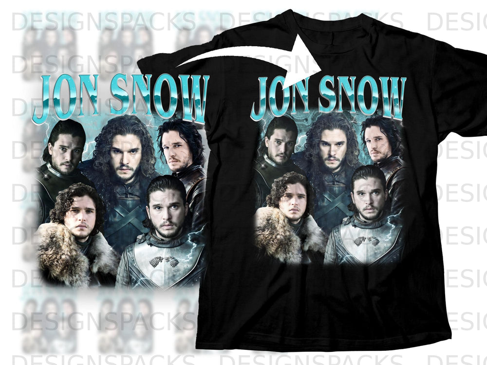 Black t-shirt with Jon Snow and characters from Game of Thrones, text "JON SNOW".