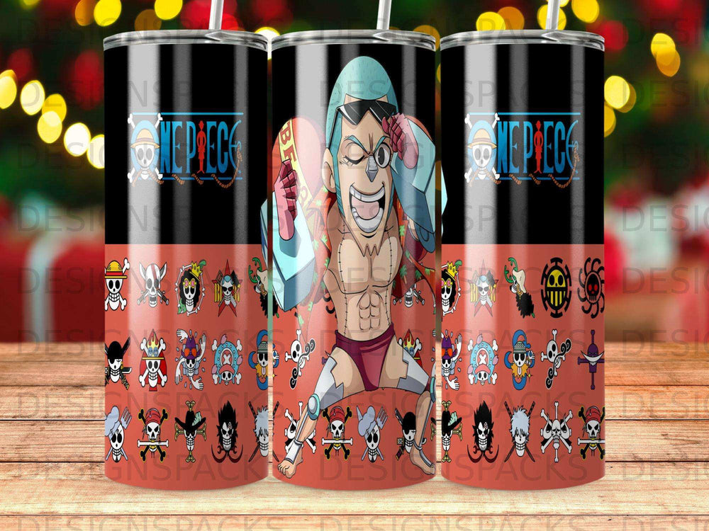 One Piece character with bold patterns on a patterned tumbler.